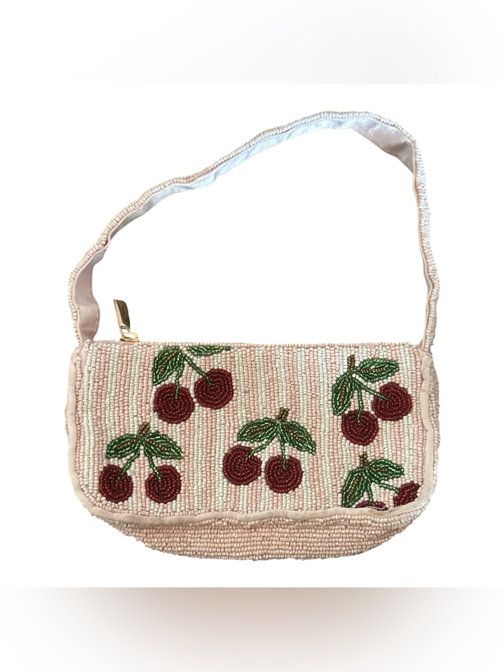 Mini Beaded Cherry Motif Shoulder Bag - Pink Cherries Fruit Design Retro Glam